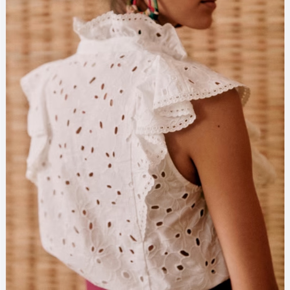 Sezane White Eyelet Sleeveless Blouse